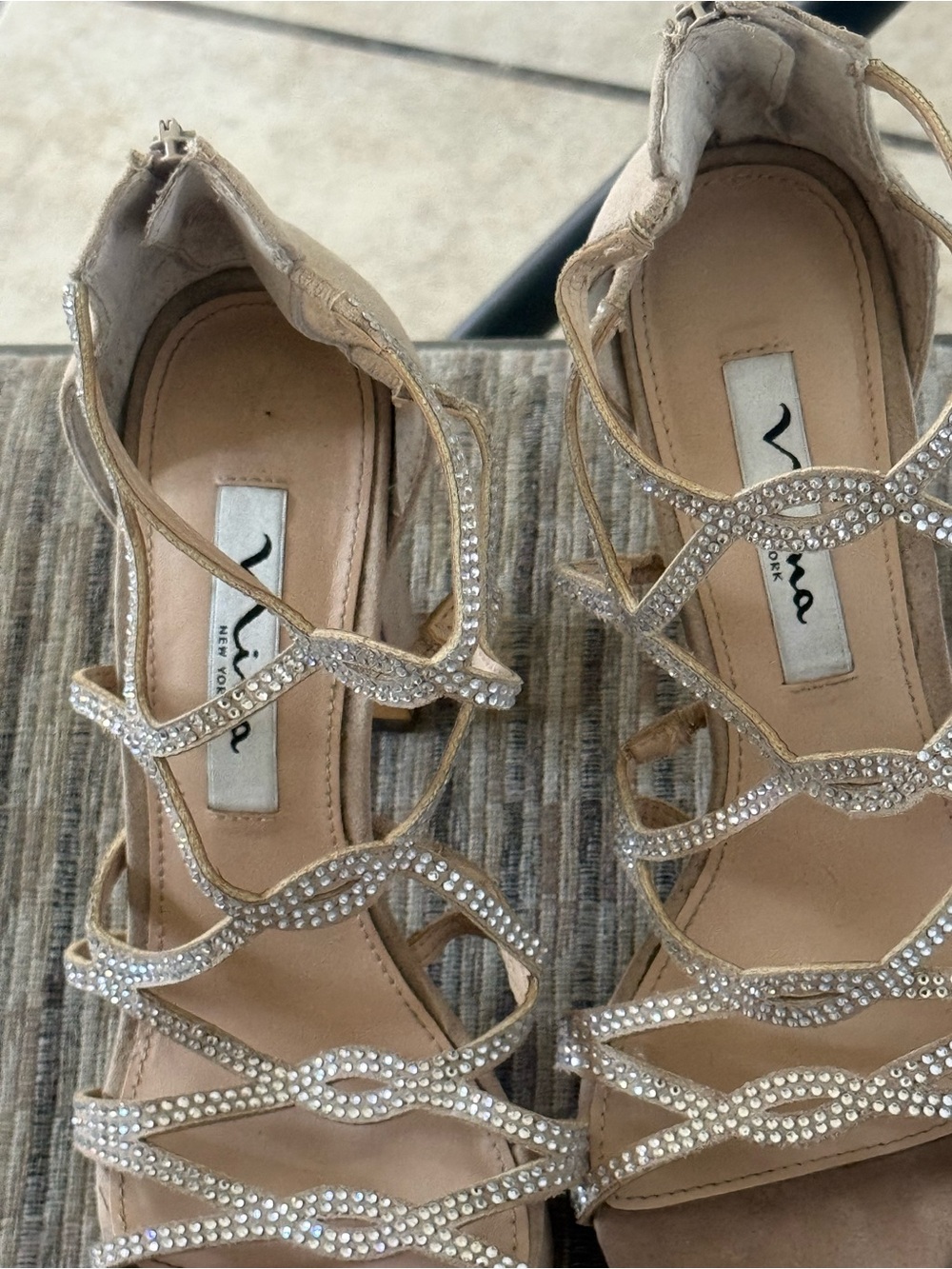 Nina Champagne Rhinestone Strappy Heels
